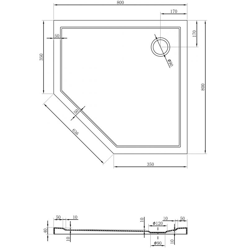 Mexen Flow cadă de duș pentagonală slim 80 x 80 cm, alb lucios - 46P108080