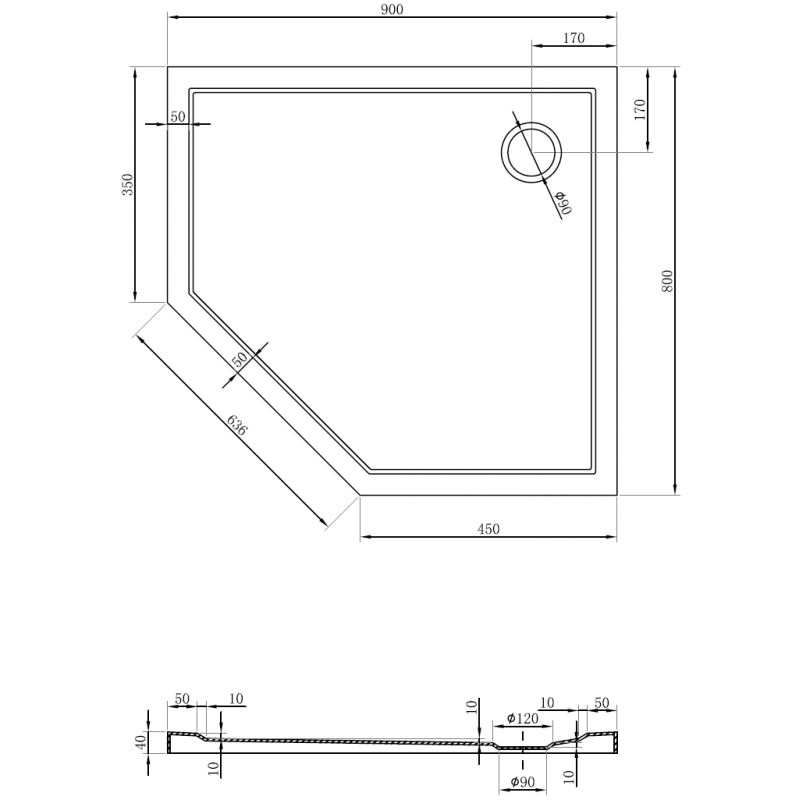 Mexen Flow ötszögletű, lapos, jobb oldali zuhanytálca 90 x 80 cm, fekete matt - 46P708090R