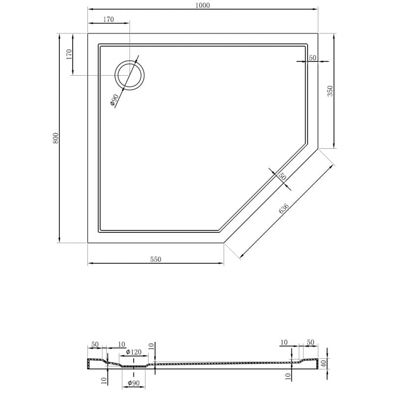 Mexen Flow brodzik pentagonal slim stânga 100 x 80 cm, negru mat - 46P708010L