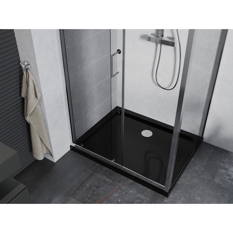 Mexen Apia cabină de duș glisantă 130 x 80 cm, transparentă, crom + cădiță Flat, neagră - 840-130-080-01-00-4070