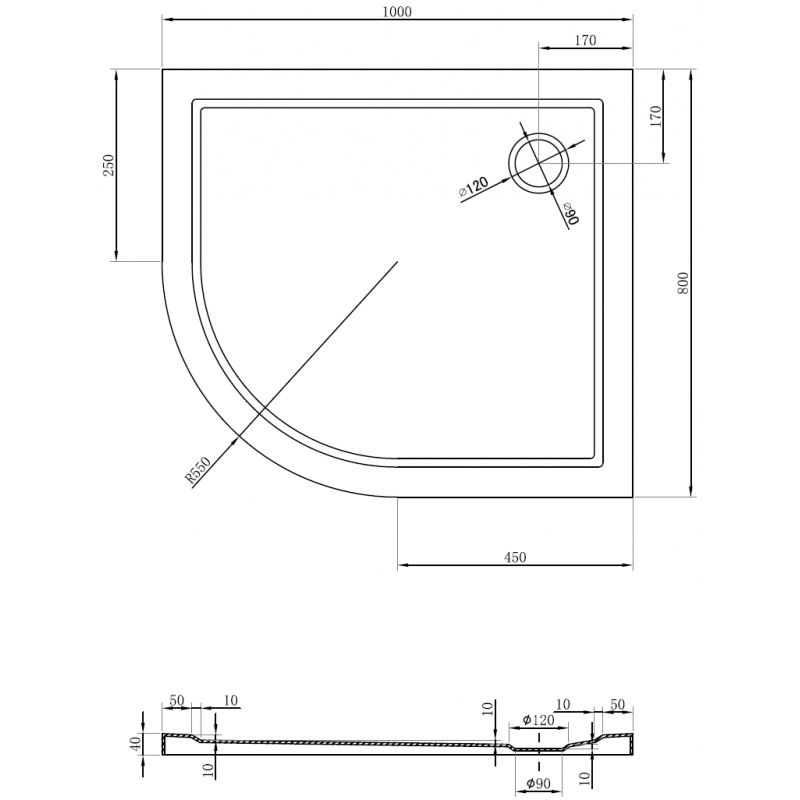 Mexen Flow cadă de duș semirotundă asimetrică slim dreapta 100 x 80 cm, negru mat - 46Q708010R