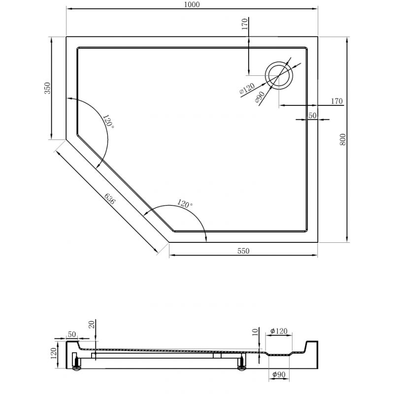 Mexen Flow+ cadă de duș pentagonală dreaptă 100 x 80 cm, alb lucios - 46P108010RH