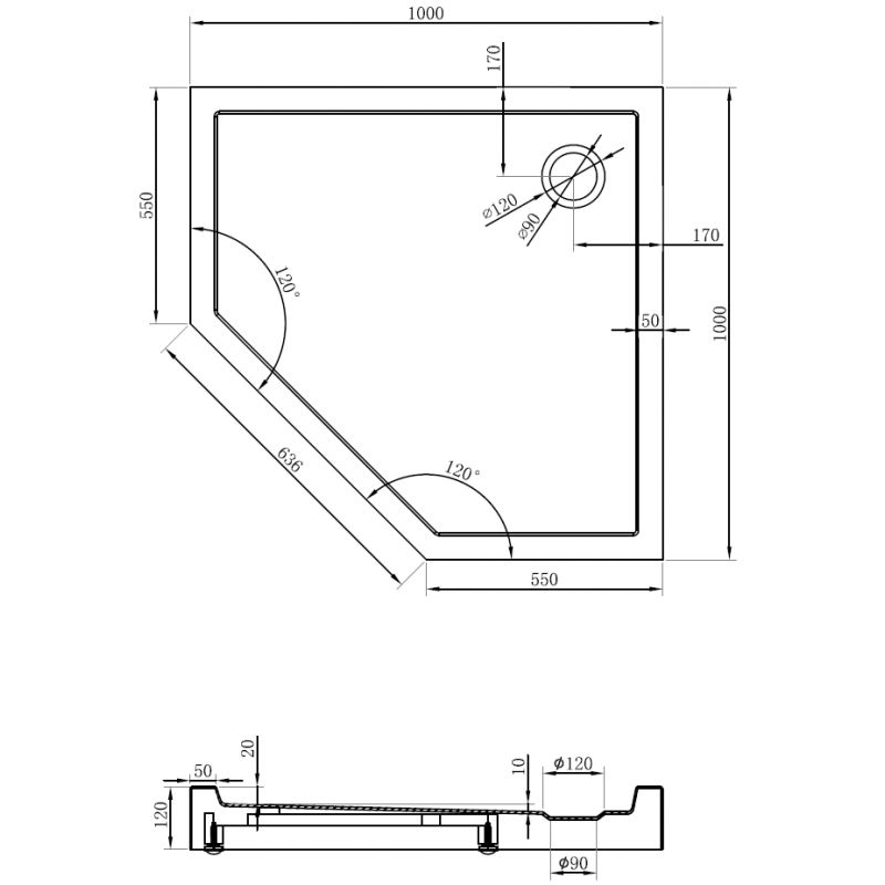 Mexen Flow+ cadă de duș pentagonală 100 x 100 cm, alb lucios - 46P101010H