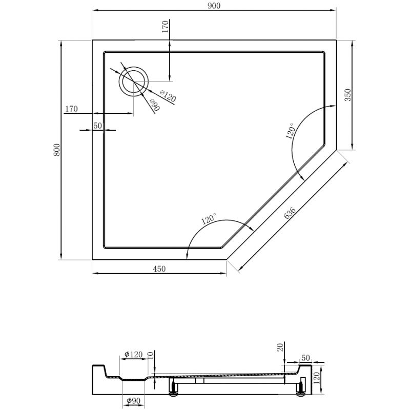 Mexen Flow+ cadă de duș pentagonală stânga 90 x 80 cm, negru mat - 46P708090LH