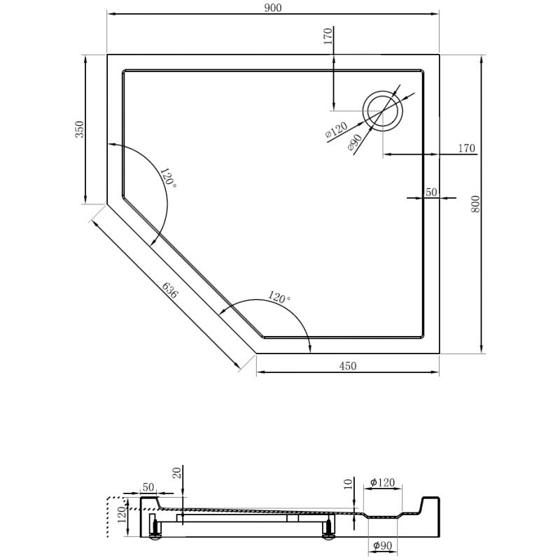 Mexen Flow+ ötszögletű zuhanytálca jobb, 90 x 80 cm, fekete matt - 46P708090RH
