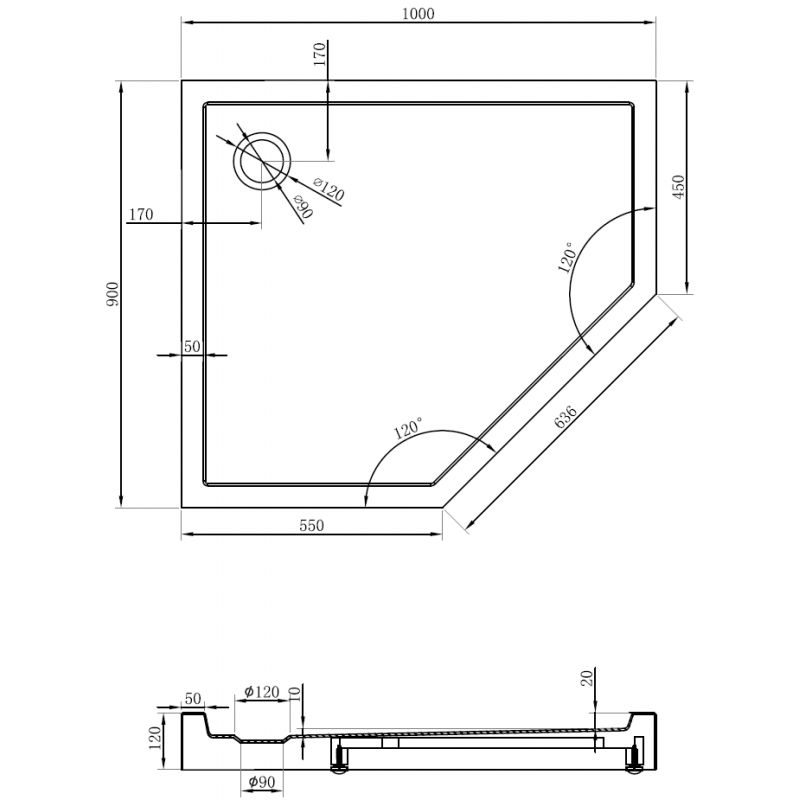Mexen Flow+ cadă de duș pentagonală stânga 100 x 90 cm, negru mat - 46P709010LH