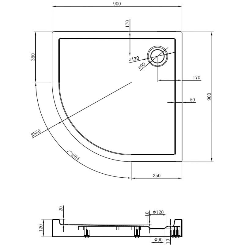 Mexen Flow+ félköríves zuhanytálca 90 x 90 cm, fehér fényes - 46Q109090H