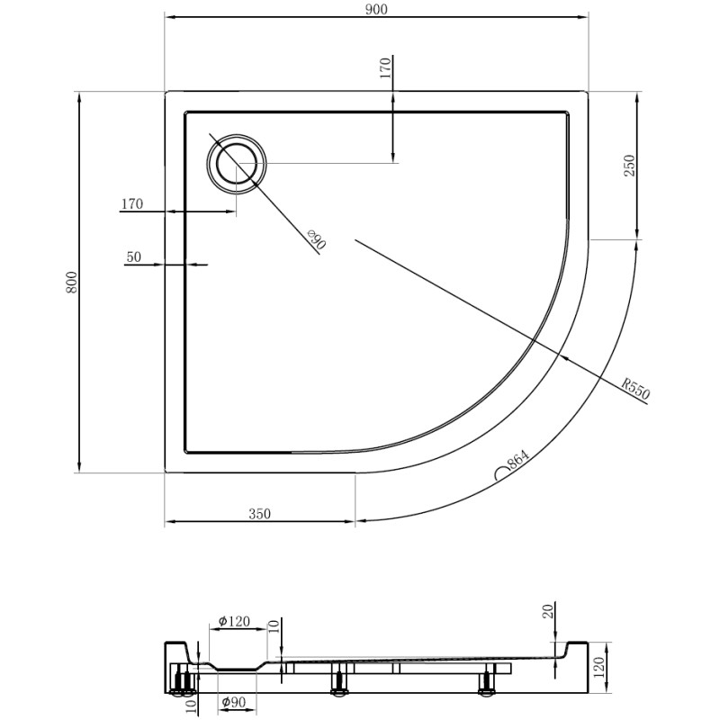 Mexen Flow+ cadă semicirculară asimetrică stânga 90 x 80 cm, luciu alb - 46Q108090LH
