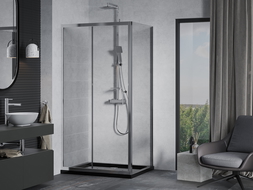 Mexen Apia 130 x 100 cm-es tolóajtós zuhanykabin, átlátszó, króm + Flat zuhanytálca, fekete - 840-130-100-01-00-4070