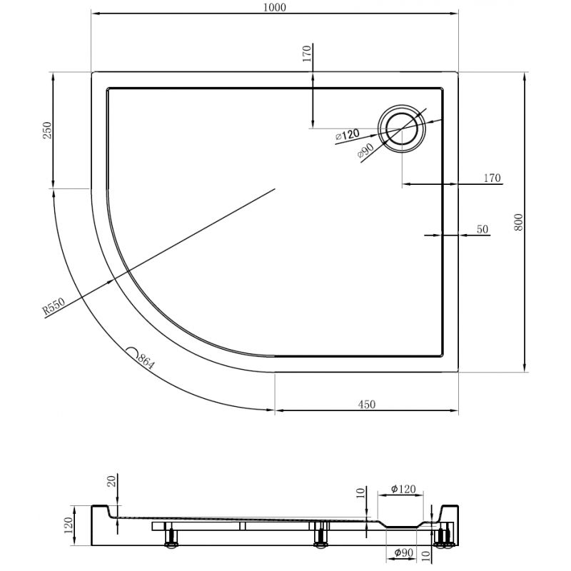 Mexen Flow+ cadă de duș semi-circulară asimetrică dreaptă 100 x 80 cm, alb lucios - 46Q108010RH