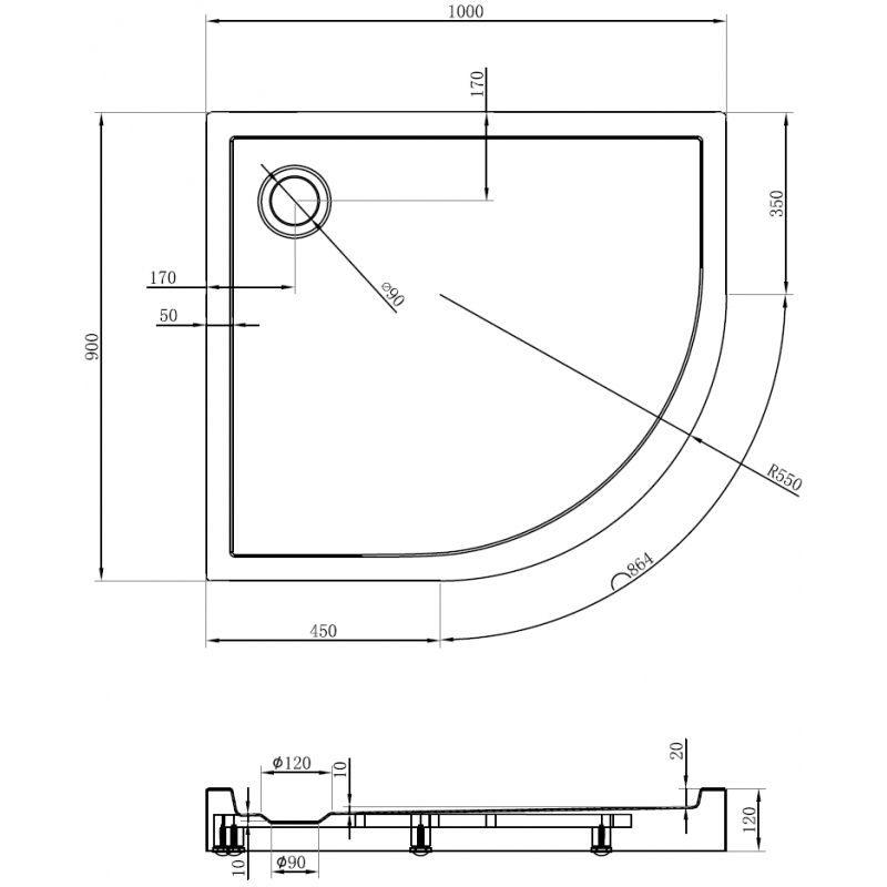 Mexen Flow+ cadă de duș semicirculară asimetrică stângă 100 x 90 cm, alb lucios - 46Q109010LH
