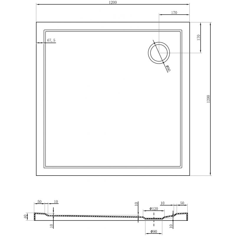 Mexen Flow négyzet alakú lapos zuhanytálca 120 x 120 cm, fekete matt - 46S701212