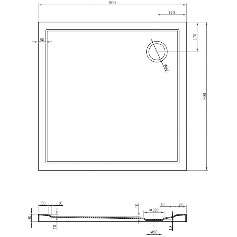Mexen Flow négyzet alakú zuhanytálca slim 90 x 90 cm, fényes fehér - 46S109090