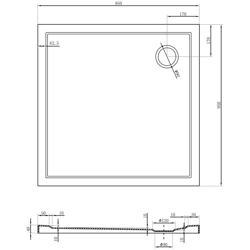 Mexen Flow karcsú, négyzet alakú zuhanytálca 95 x 95 cm, fehér fényes - 46S109595