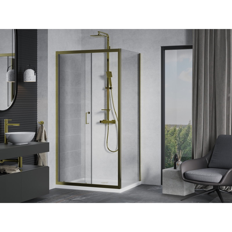 Mexen Apia 90 x 80 cm-es toló zuhanykabin, átlátszó, arany + Flat zuhanytálca, fehér - 840-090-080-50-00-4010G