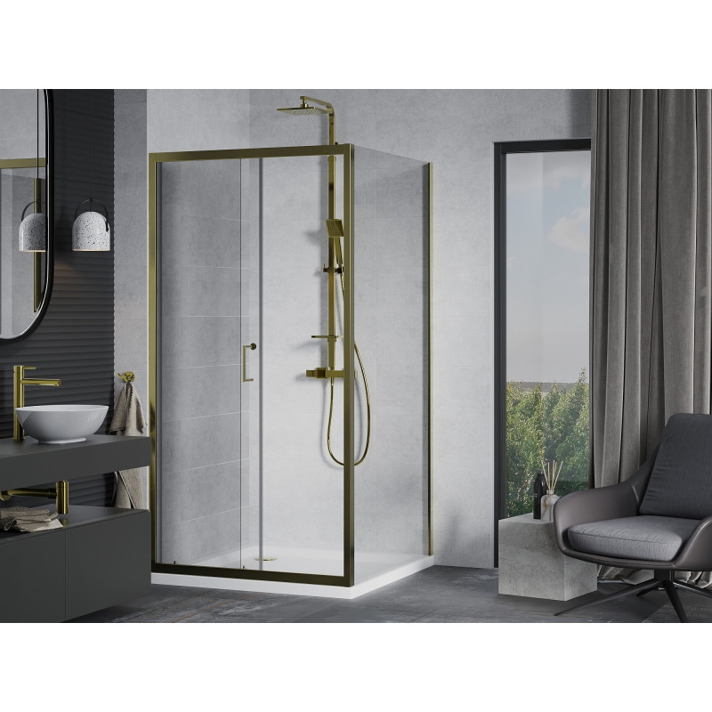 Mexen Apia cabină de duș glisantă 90 x 90 cm, transparentă, cu aur + cădiță Flat, albă - 840-090-090-50-00-4010G