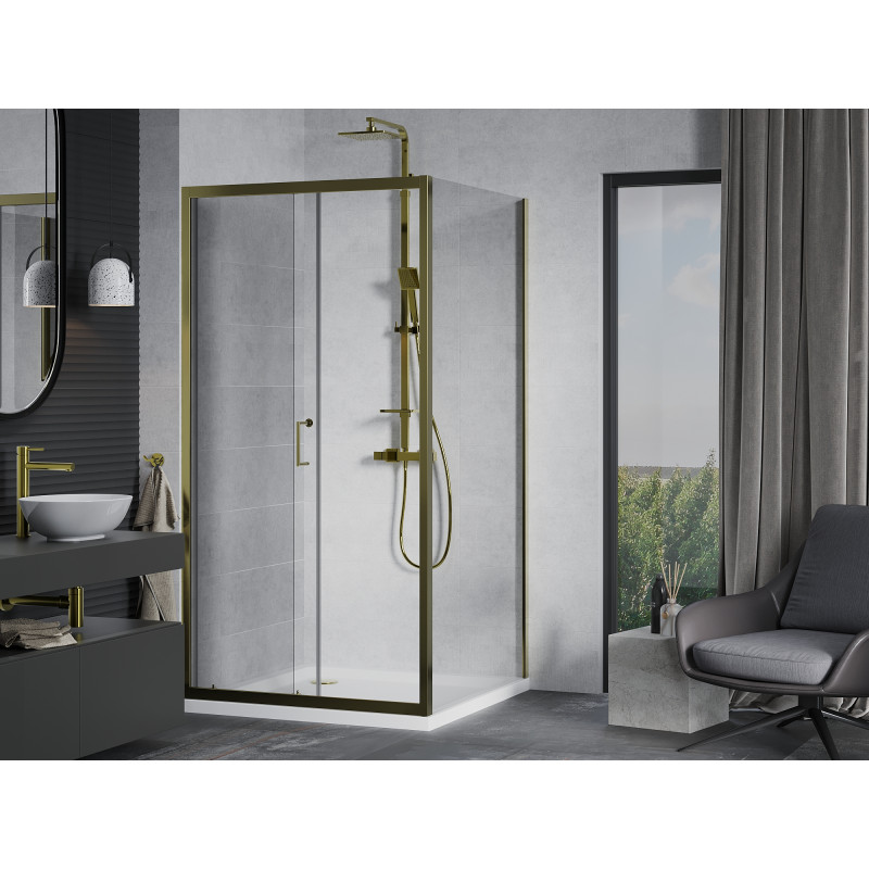 Mexen Apia cabina de duș glisantă 90 x 90 cm, transparentă, de aur + cadă Flat, alb - 840-090-090-50-00-4010G