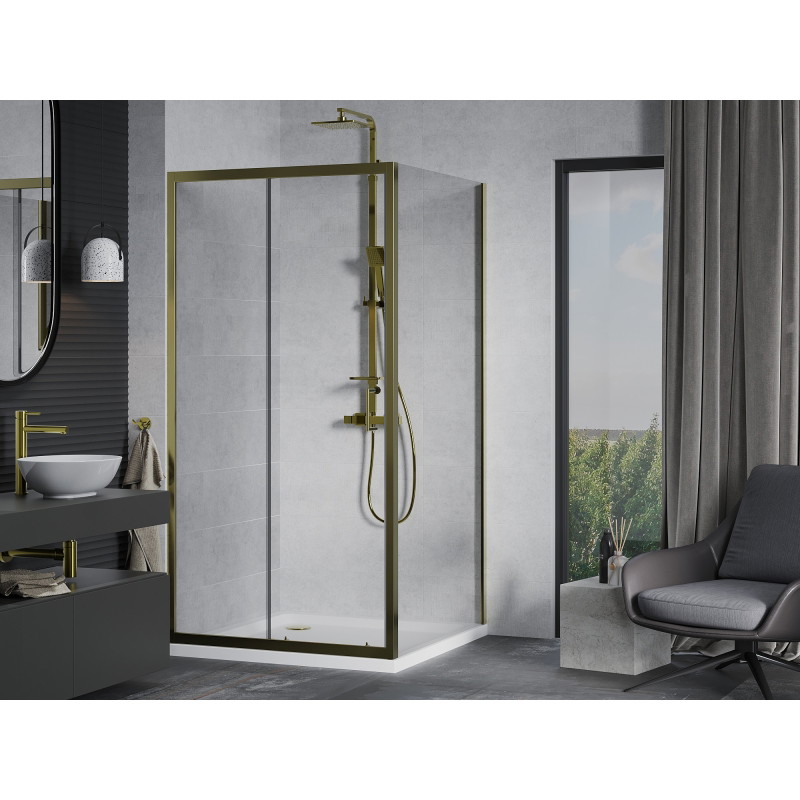 Mexen Apia cabină de duș glisantă 90 x 90 cm, transparentă, cu aur + cădiță Flat, albă - 840-090-090-50-00-4010G