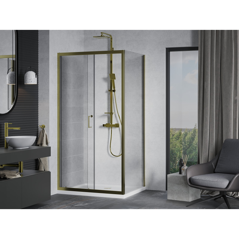 Mexen Apia 100 x 90 cm-es tolóajtós zuhanykabin, átlátszó, arany + Flat zuhanytálca, fehér - 840-100-090-50-00-4010G