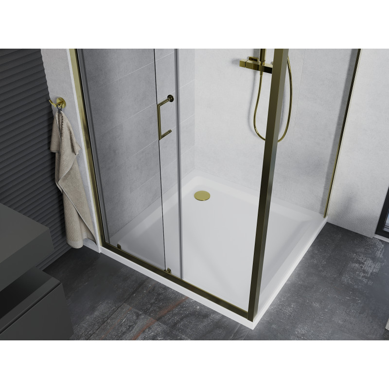 Mexen Apia cabina de duș glisantă 100 x 100 cm, transparentă, aurie + cadă duș Flat, albă - 840-100-100-50-00-4010G