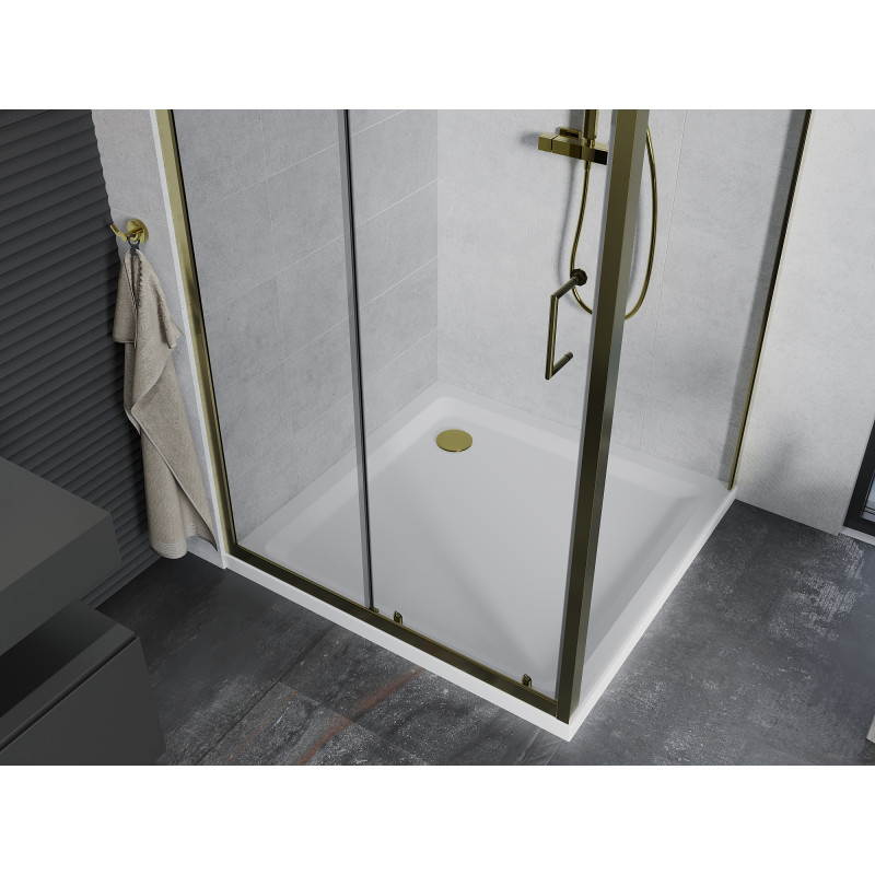 Mexen Apia cabina de duș glisantă 100 x 100 cm, transparentă, aurie + cadă duș Flat, albă - 840-100-100-50-00-4010G