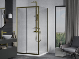 Mexen Apia cabină de duș glisantă 100 x 100 cm, transparentă, aurie + cadă de duș Flat, albă - 840-100-100-50-00-4010G