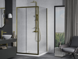 Mexen Apia cabina de duș glisantă 100 x 100 cm, transparentă, aurie + cadă de duș Flat, albă - 840-100-100-50-00-4010G