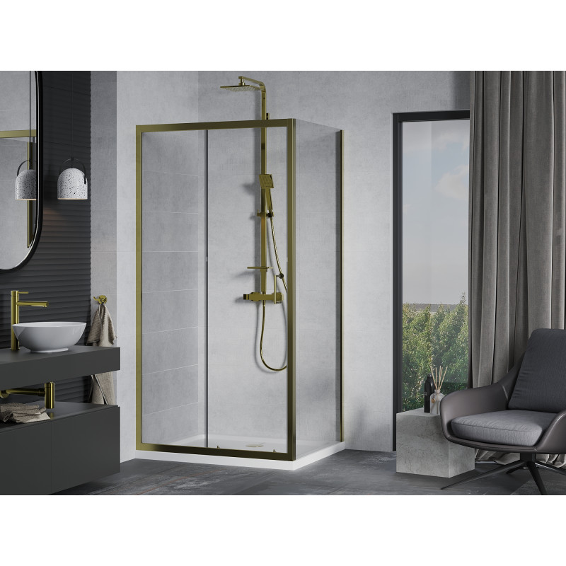 Mexen Apia 110 x 90 cm-es tolóajtós zuhanykabin, átlátszó, arany + Flat zuhanytálca, fehér - 840-110-090-50-00-4010G