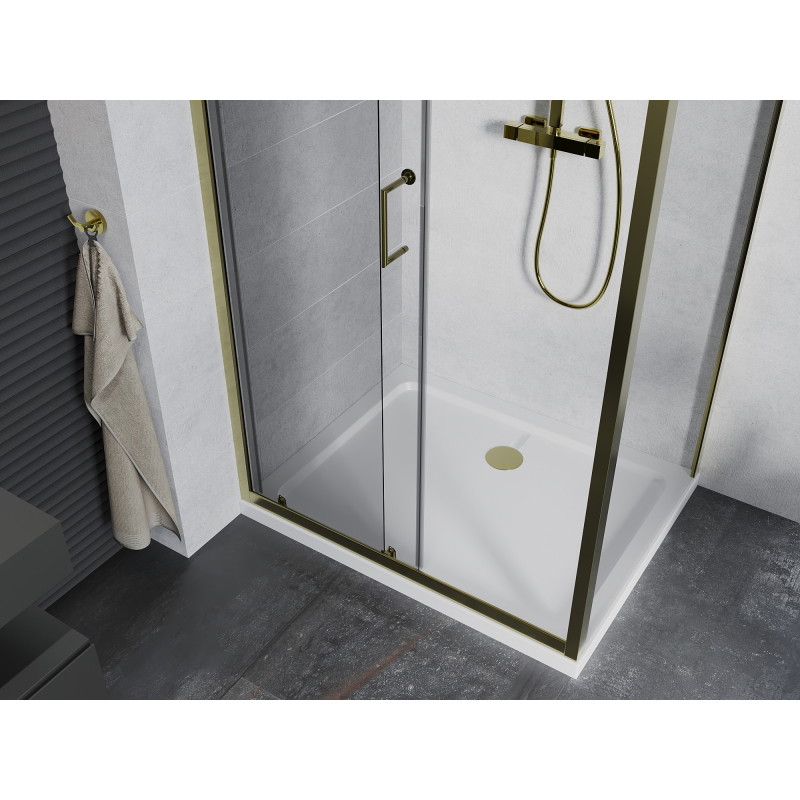 Mexen Apia cabină de duș culisantă 130 x 70 cm, transparentă, aurie + broască Flat, albă - 840-130-070-50-00-4010G