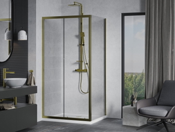 Mexen Apia cabina de duș glisantă 140 x 80 cm, transparentă, aurie + cadă de duș Flat, albă - 840-140-080-50-00-4010G
