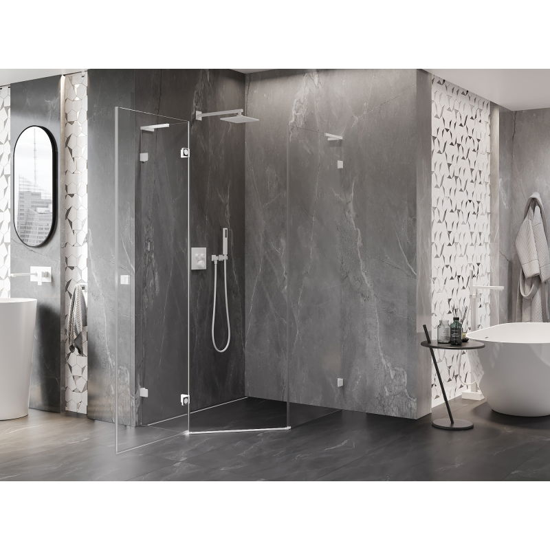 Mexen Lunar L cabină de duș pentagonală cu balamale stânga 90 x 100 cm, transparentă, albă - 831L-090L-100P-20-00-L