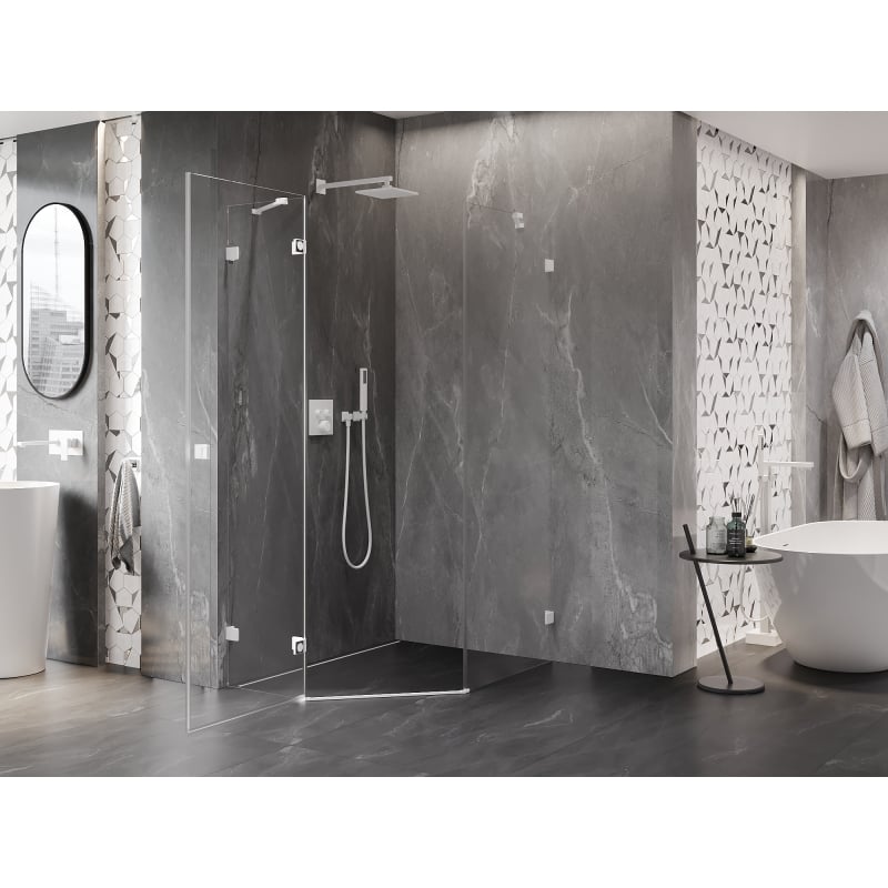 Mexen Lunar cabină de duș pentagonală cu ușă rabatabilă stânga 90 x 100 cm, transparent, albă - 831-090L-100P-20-00-L