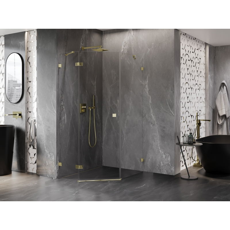Mexen Lunar cabină de duș pentagonală rabatabilă stânga 80 x 90 cm, transparentă, aurie - 831-080L-090P-50-00-L