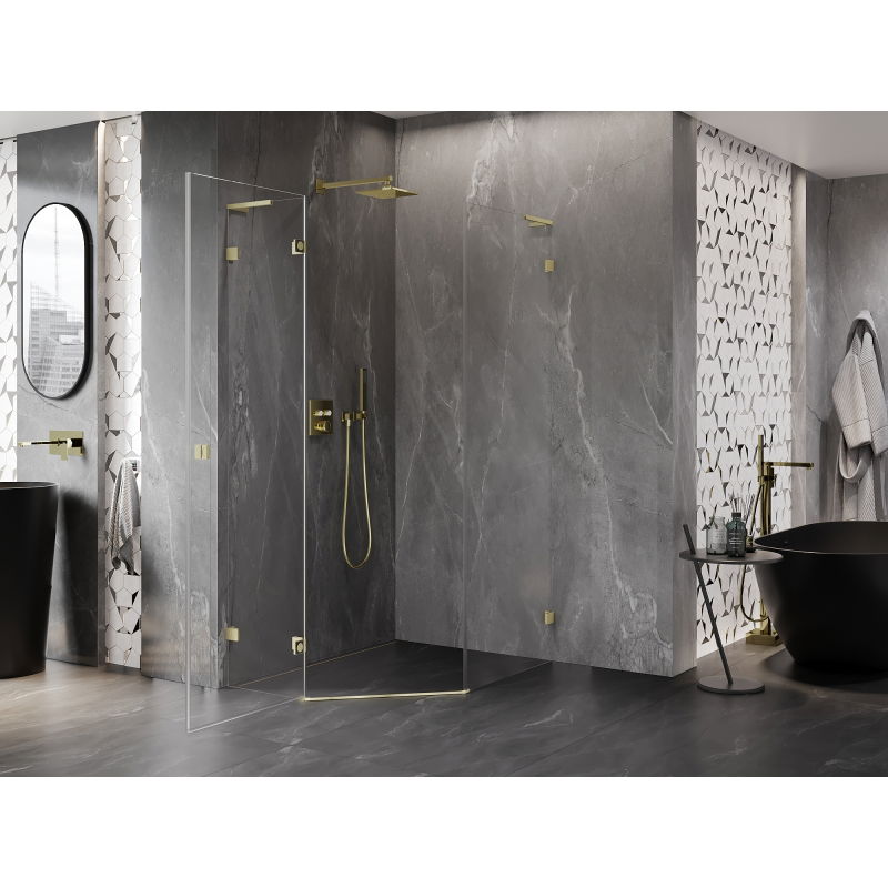 Mexen Lunar L cabină de duș pentagonală cu deschidere stânga 80 x 100 cm, transparentă, aurie periată - 831L-080L-100P-55-00-L