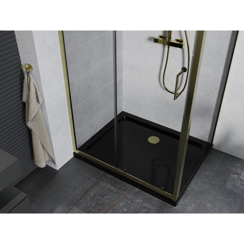 Mexen Apia 100 x 90 cm-es tolóajtós zuhanykabin, átlátszó, arany + Flat zuhanytálca, fekete - 840-100-090-50-00-4070G