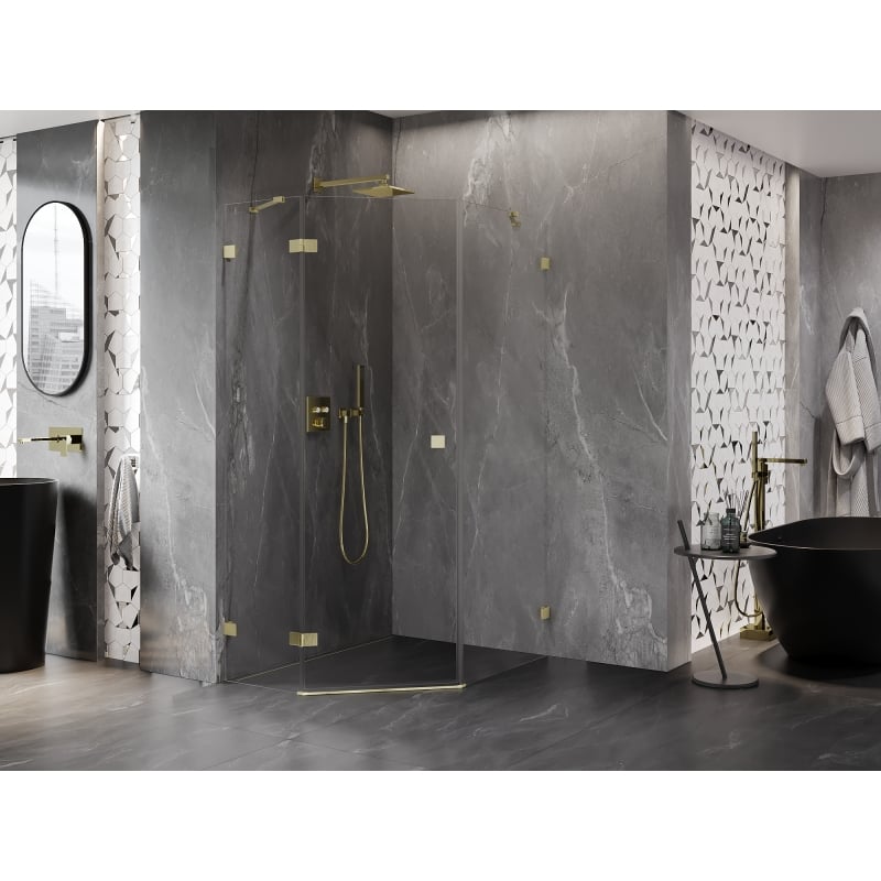 Mexen Lunar cabina de duș pentagonală cu deschidere pe stânga 90 x 100 cm, transparentă, auriu periat