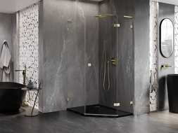 Mexen Lunar L cabină de duș pentagonală cu deschidere dreaptă 80 x 100 cm, transparentă, aur periat - 831L-080P-100L-55-00-P