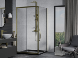 Mexen Apia cabină de duș extensibilă 100 x 100 cm, transparent, Aurie + cadă de duș Flat, Neagră - 840-100-100-50-00-4070G