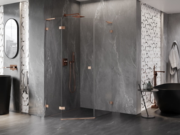 Mexen Lunar L ötszögletű balra nyíló zuhanykabin 80 x 100 cm, átlátszó, csiszolt réz - 831L-080L-100P-65-00-L