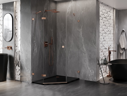 Mexen Lunar ötszögletű zuhanykabin balra nyíló ajtóval 90 x 100 cm, átlátszó, selyemfényű réz - 831-090L-100P-65-00-L
