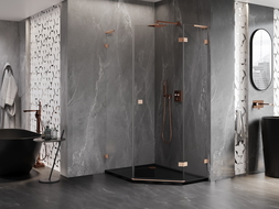 Mexen Lunar L ötszögletű jobboldali nyíló zuhanykabin 80 x 90 cm, átlátszó, csiszolt réz - 831L-080P-090L-65-00-P