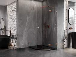 Mexen Lunar ötszögletű zuhanykabin nyitható jobb oldali 80 x 100 cm, átlátszó, matt réz - 831-080P-100L-65-00-P