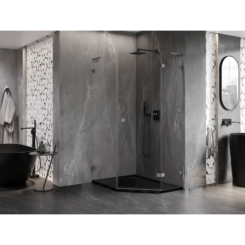 Mexen Lunar L cabina de duș pentagonală rabatabilă dreaptă 80x100 cm transparentă, gun gray periat - 831L-080P-100L-66-00-P