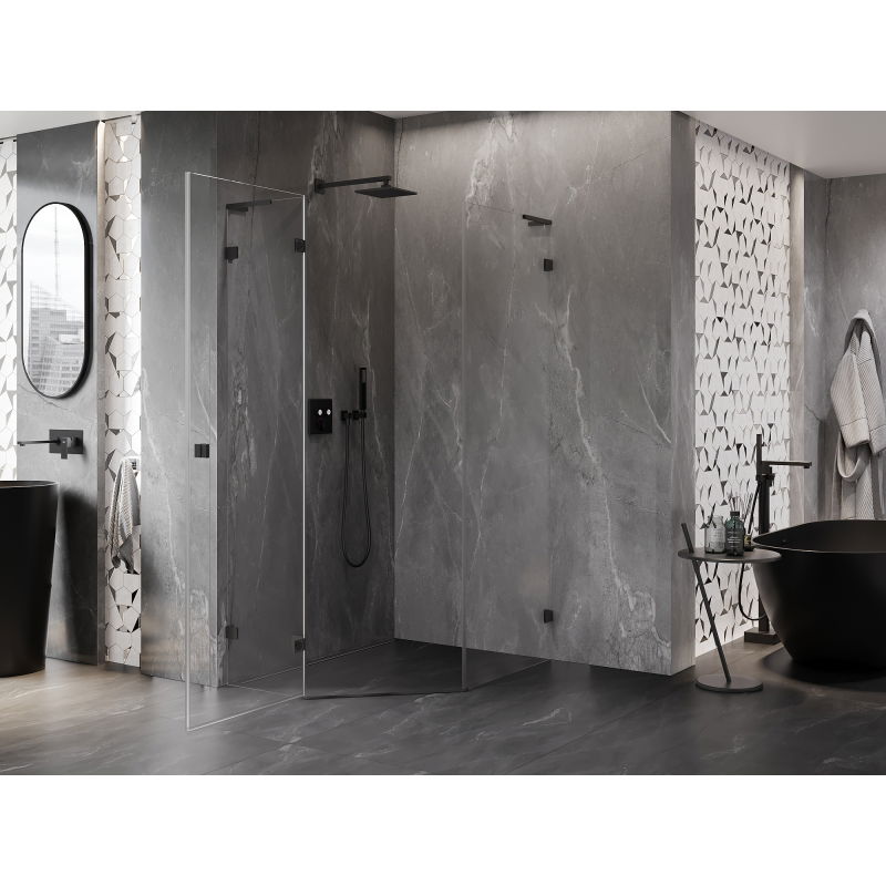 Mexen Lunar L cabină de duș pentagonală cu deschidere stânga 80 x 90 cm, transparentă, neagră - 831L-080L-090P-70-00-L