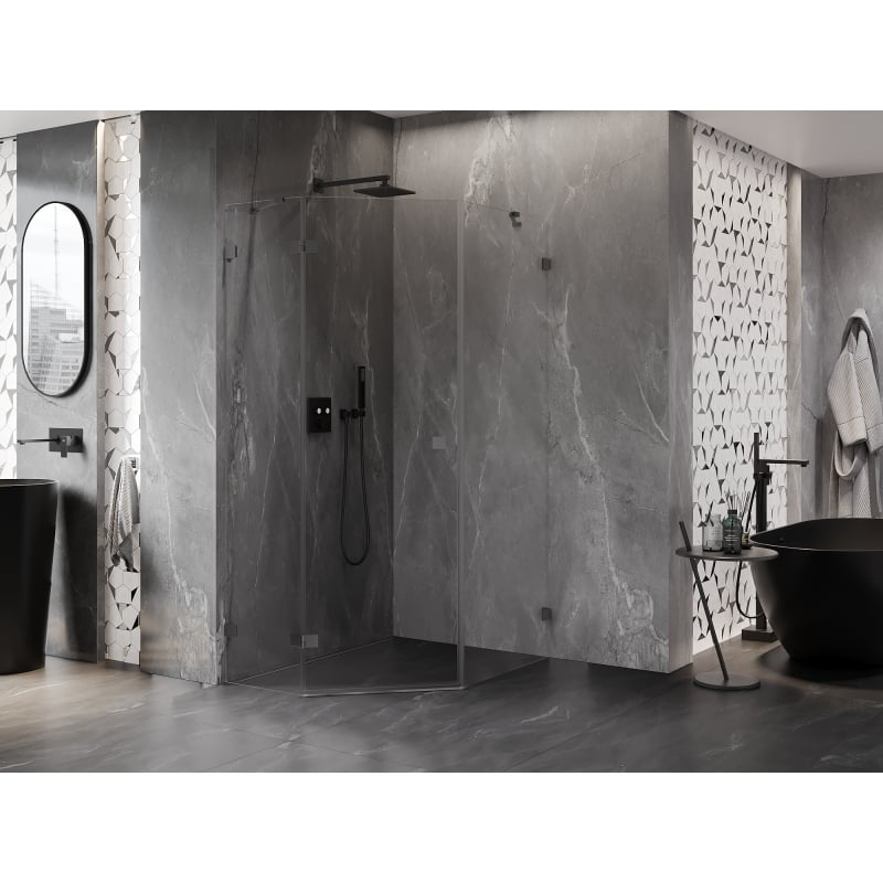 Mexen Lunar cabină de duș pentagonală cu deschidere pe stânga 80 x 90 cm, transparentă, gun metal - 831-080L-090P-95-00-L