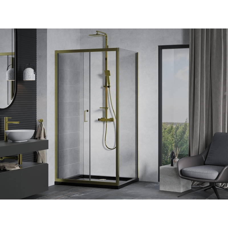 Mexen Apia cabina de duș glisantă 140 x 90 cm, transparentă, aurie + cadă Flat, neagră - 840-140-090-50-00-4070G