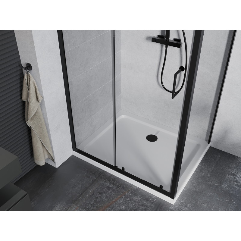 Mexen Apia cabină de duș glisantă 90 x 80 cm, transparentă, neagră + cadă de duș Flat, albă - 840-090-080-70-00-4010B
