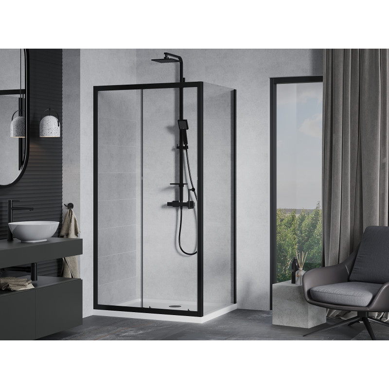 Mexen Apia 90 x 80 cm-es tolóajtós zuhanykabin, átlátszó, fekete + Flat zuhanytálca, fehér - 840-090-080-70-00-4010B