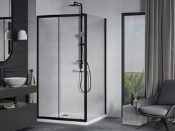 Mexen Apia cabină de duș extensibilă 90 x 90 cm, transparent, Neagră + cadă de duș Flat, Albă- 840-090-090-70-00-4010B