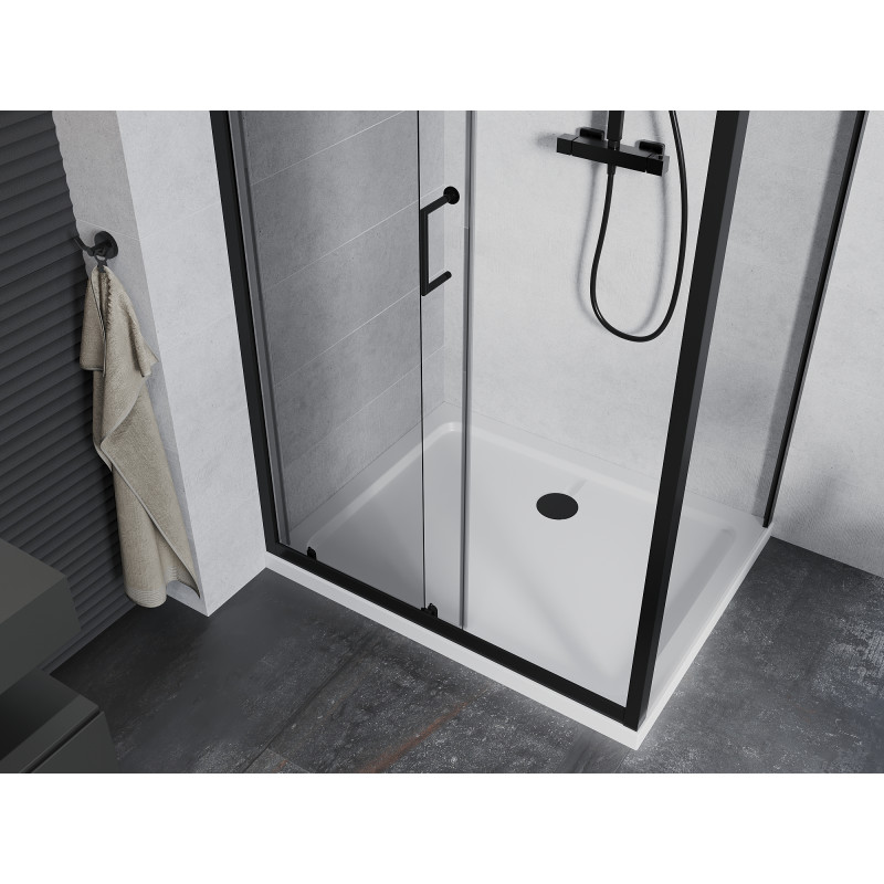 Mexen Apia cabina de duș glisantă 100 x 90 cm, transparentă, neagră + cadă Flat, albă - 840-100-090-70-00-4010B